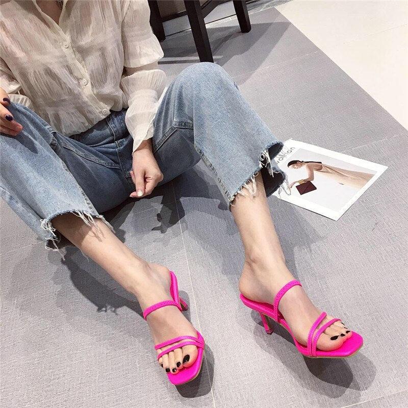 Colorful Women Sandals Slides Slippers Square Open Toe Slip On Thin Mid Heels Pumps Casual Narrow Band Open Toe Sandals Flip Flops Slip On Fashion Dress Heels Back High Heel Slide Slipper