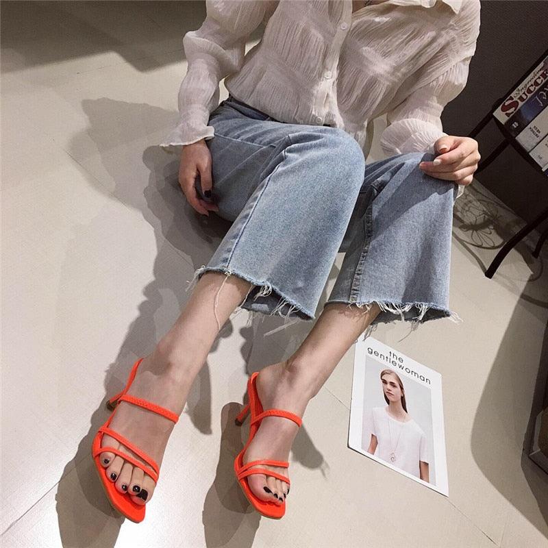 Colorful Women Sandals Slides Slippers Square Open Toe Slip On Thin Mid Heels Pumps Casual Narrow Band Open Toe Sandals Flip Flops Slip On Fashion Dress Heels Back High Heel Slide Slipper