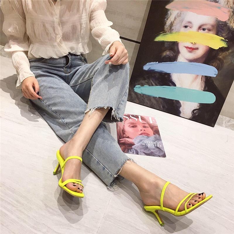 Colorful Women Sandals Slides Slippers Square Open Toe Slip On Thin Mid Heels Pumps Casual Narrow Band Open Toe Sandals Flip Flops Slip On Fashion Dress Heels Back High Heel Slide Slipper