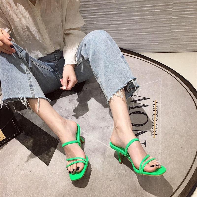 Colorful Women Sandals Slides Slippers Square Open Toe Slip On Thin Mid Heels Pumps Casual Narrow Band Open Toe Sandals Flip Flops Slip On Fashion Dress Heels Back High Heel Slide Slipper