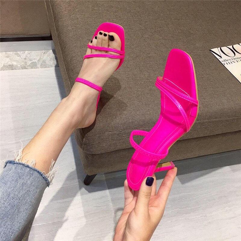 Colorful Women Sandals Slides Slippers Square Open Toe Slip On Thin Mid Heels Pumps Casual Narrow Band Open Toe Sandals Flip Flops Slip On Fashion Dress Heels Back High Heel Slide Slipper
