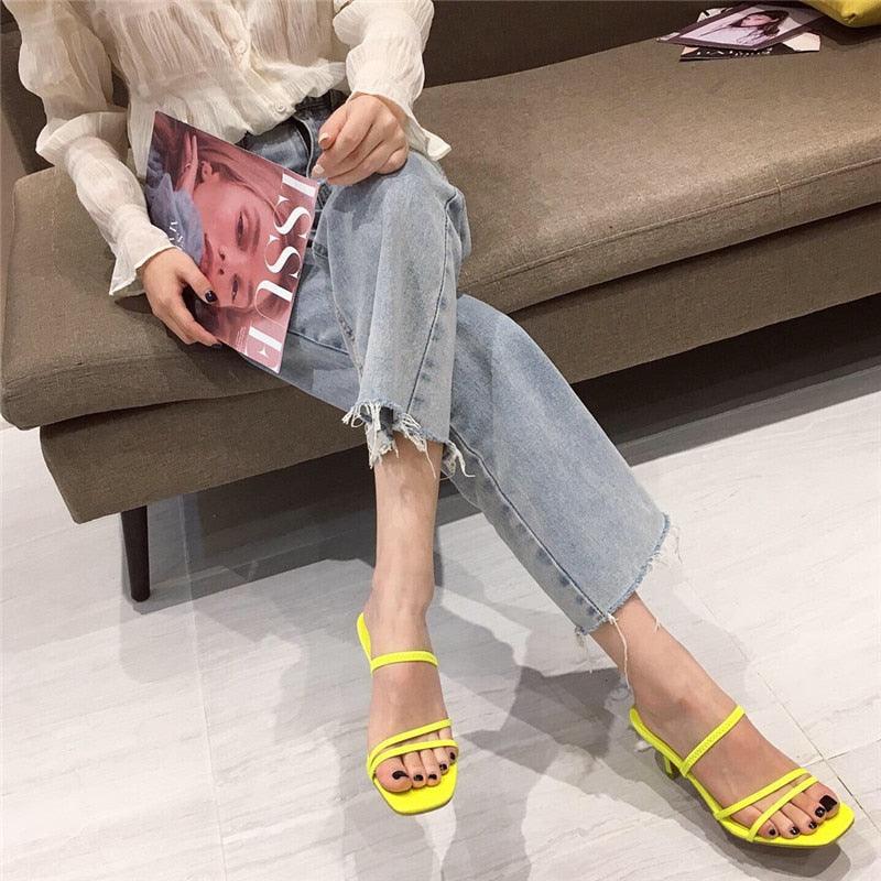 Colorful Women Sandals Slides Slippers Square Open Toe Slip On Thin Mid Heels Pumps Casual Narrow Band Open Toe Sandals Flip Flops Slip On Fashion Dress Heels Back High Heel Slide Slipper