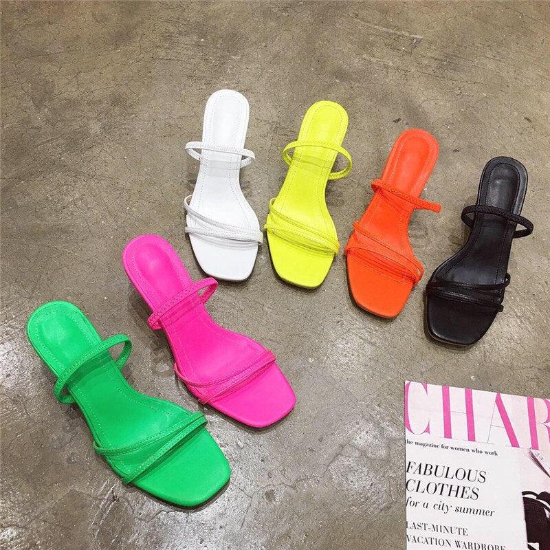 Colorful Women Sandals Slides Slippers Square Open Toe Slip On Thin Mid Heels Pumps Casual Narrow Band Open Toe Sandals Flip Flops Slip On Fashion Dress Heels Back High Heel Slide Slipper