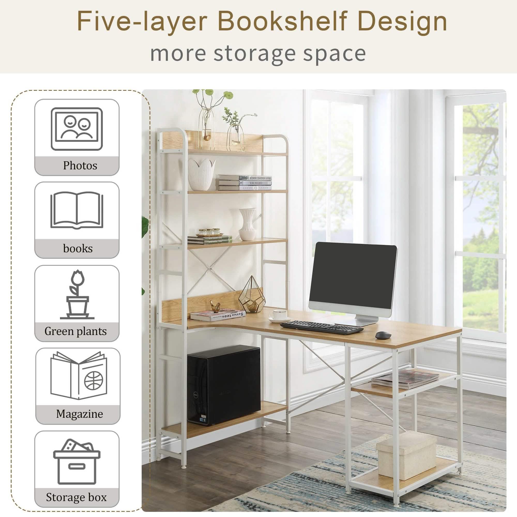 Computer Desk with 4 Tier Storage Shelves Large L-Shaped