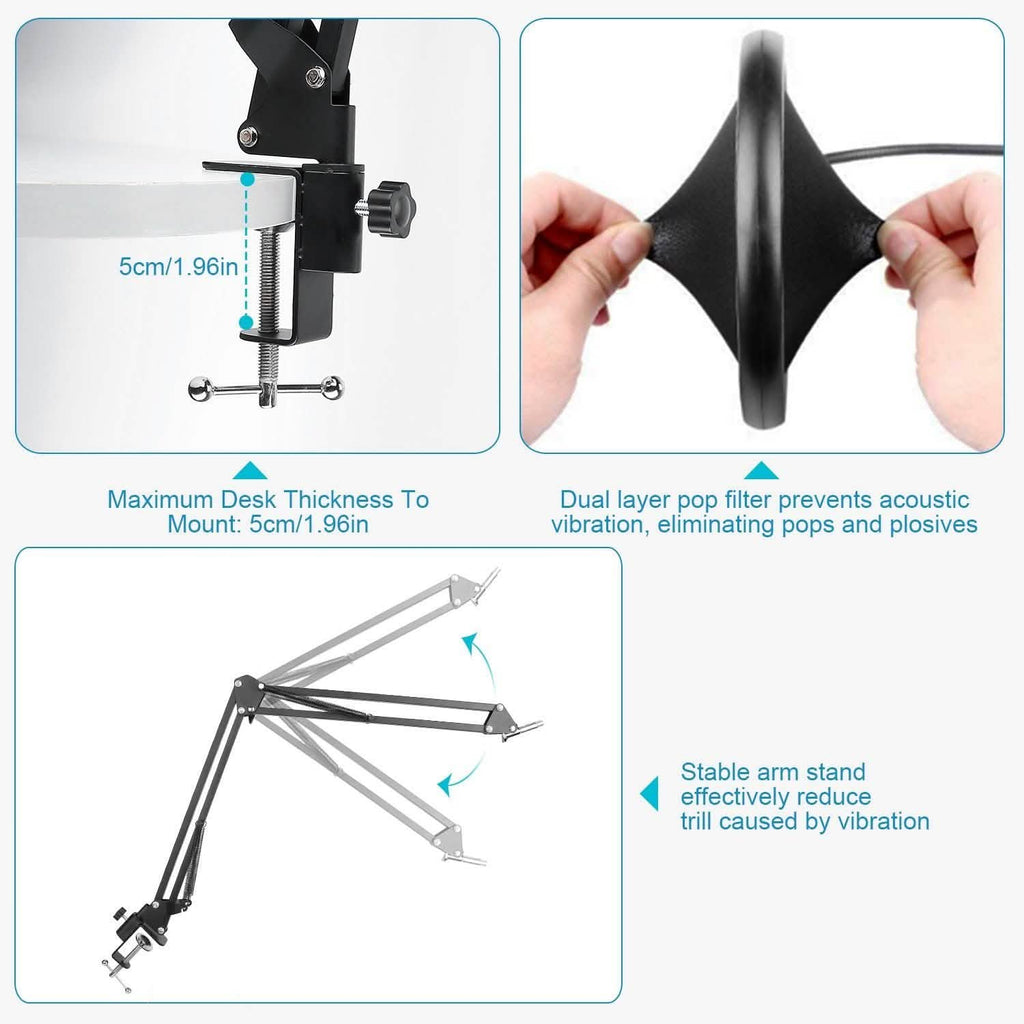 Condenser Microphone Bundle Shock Mount with Adjustable Boom Arm Sound Card