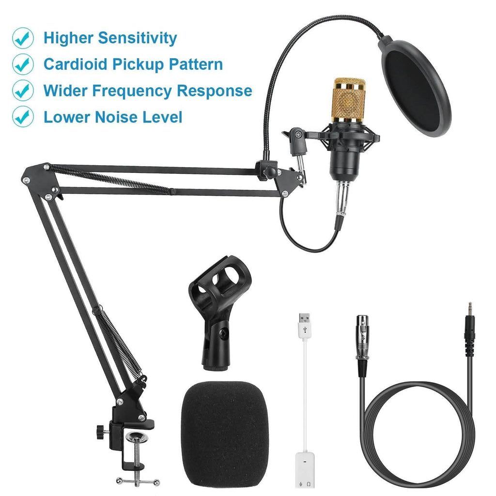 Condenser Microphone Bundle Shock Mount with Adjustable Boom Arm Sound Card