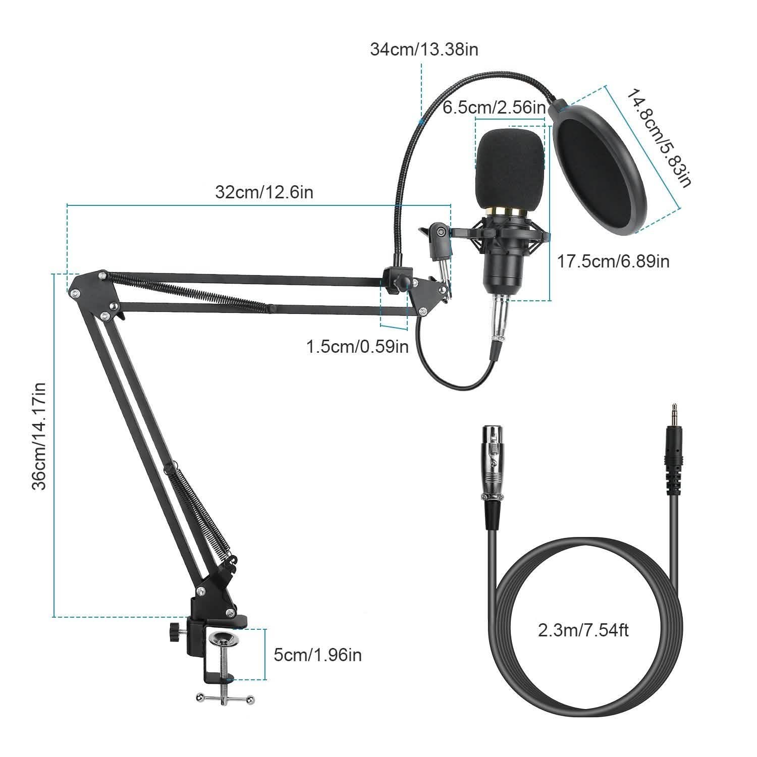 Condenser Microphone Bundle Shock Mount with Adjustable Boom Arm Sound Card