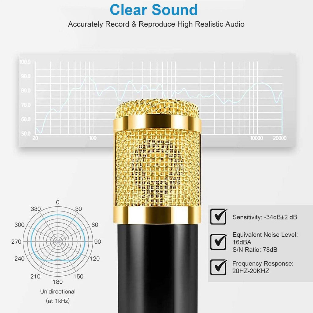 Condenser Microphone Bundle Shock Mount with Adjustable Boom Arm Sound Card