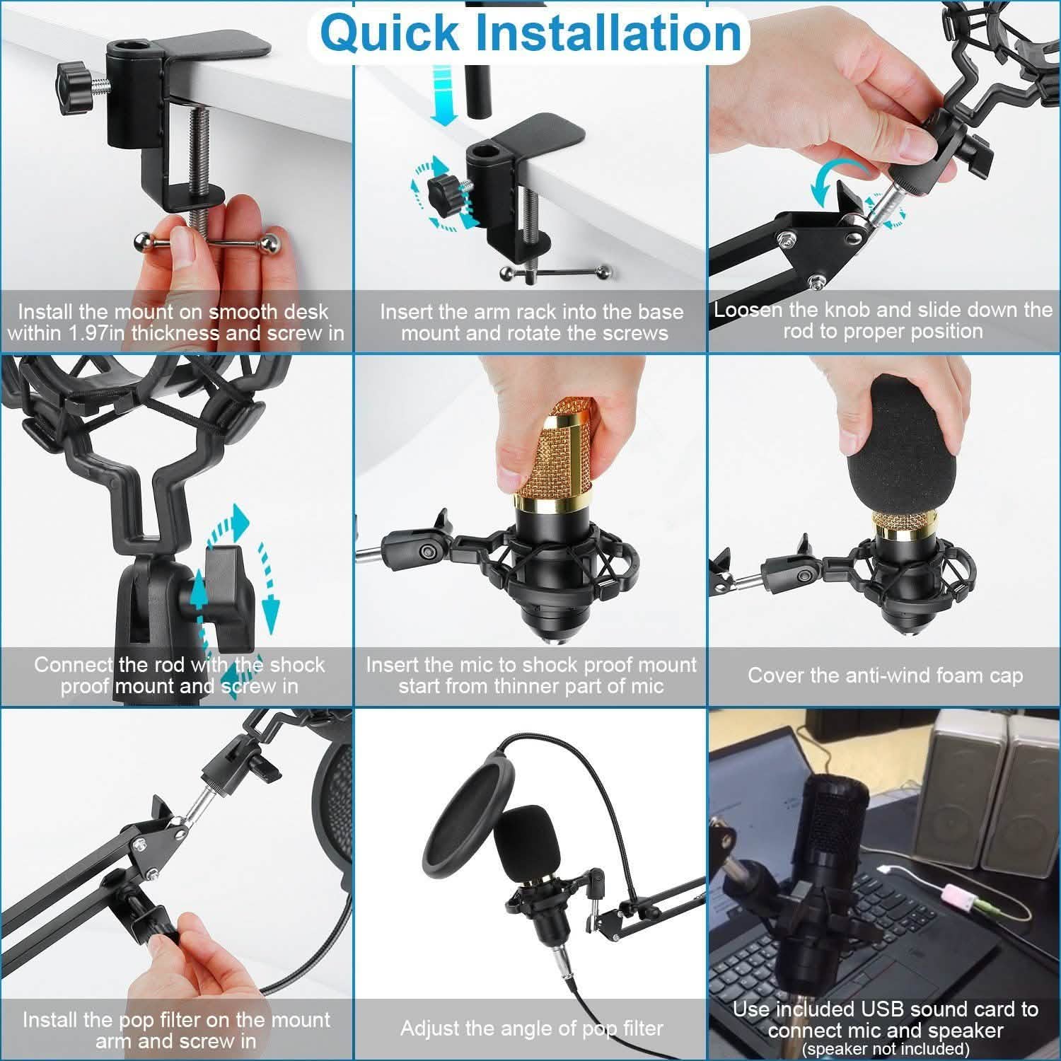 Condenser Microphone Bundle Shock Mount with Adjustable Boom Arm Sound Card