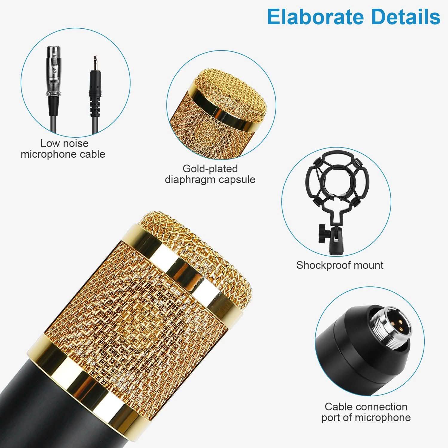 Condenser Microphone Bundle Shock Mount with Adjustable Boom Arm Sound Card
