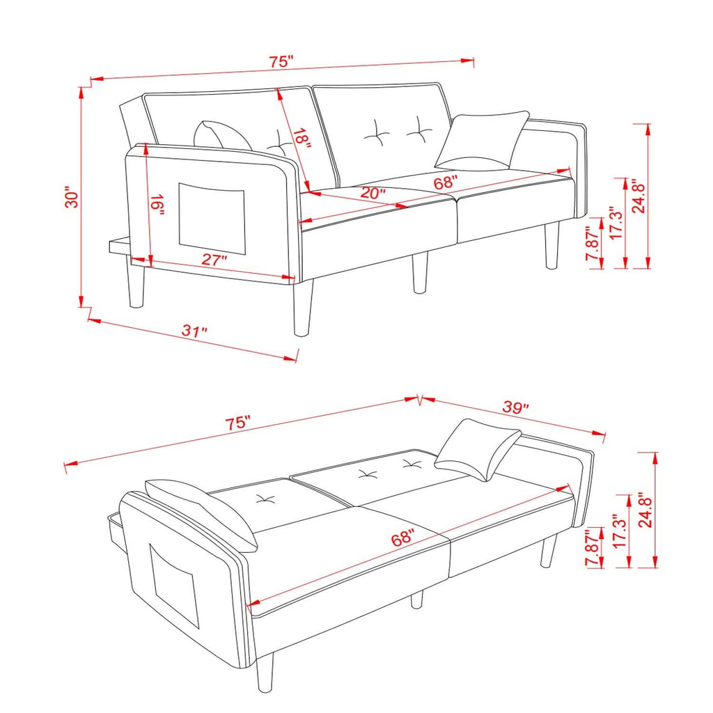 Convertible Futon Sofa Bed with 2 Pillows