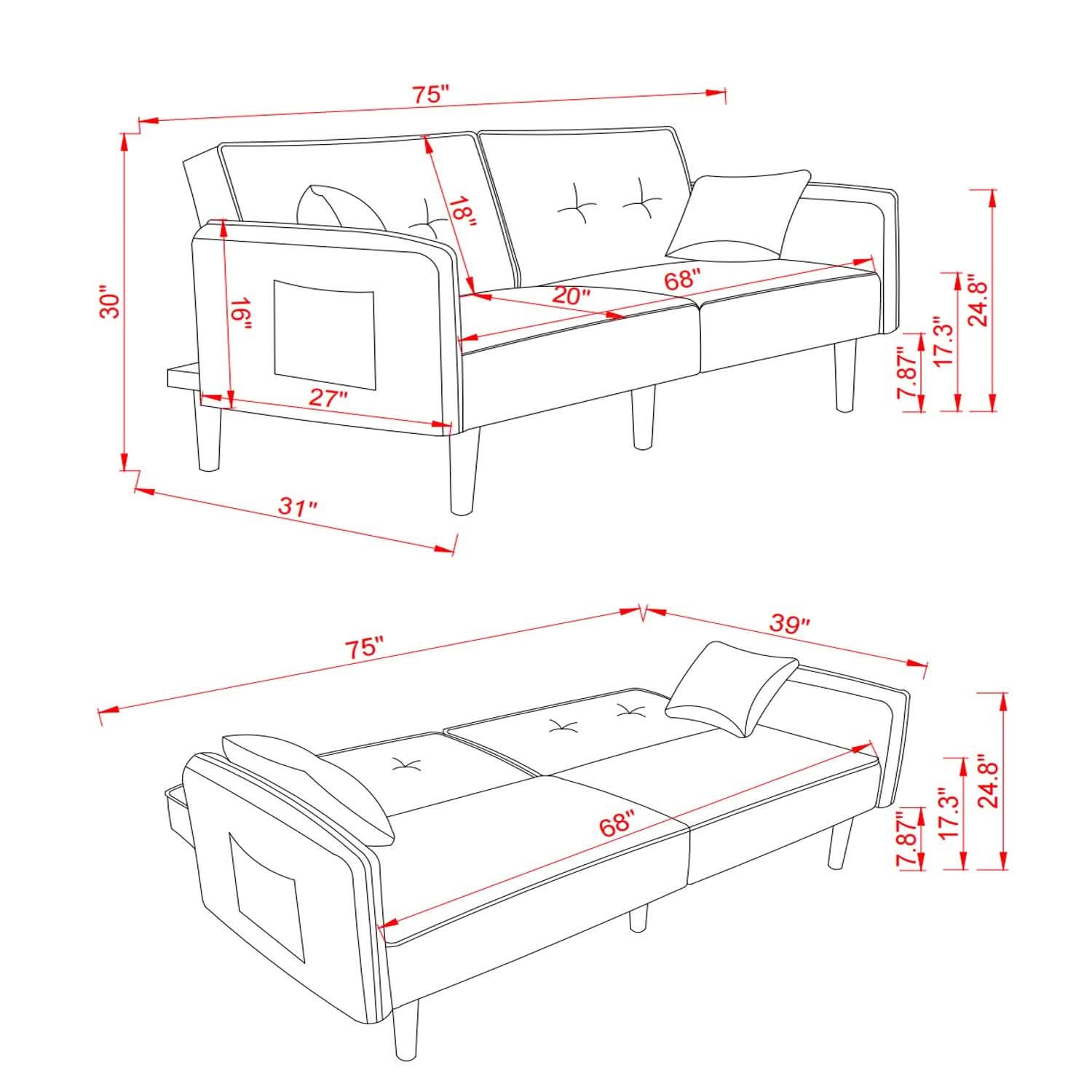 Convertible Futon Sofa Bed with 2 Pillows