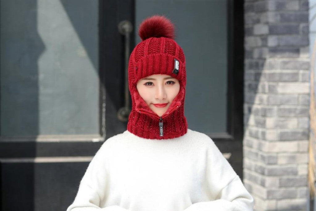 Coral Fleece Winter Women Knitted Hats Add Fur Warm Winter Hats For Women With Zipper Keep Face Warmer Balaclava Pompoms Cap Balaclava Gorgas Bonnet Knitted Hat Windproof Ski Mask Cold Weather Face Mask Motorcycle Balaclava Hood Warmer Winter Sports Cap