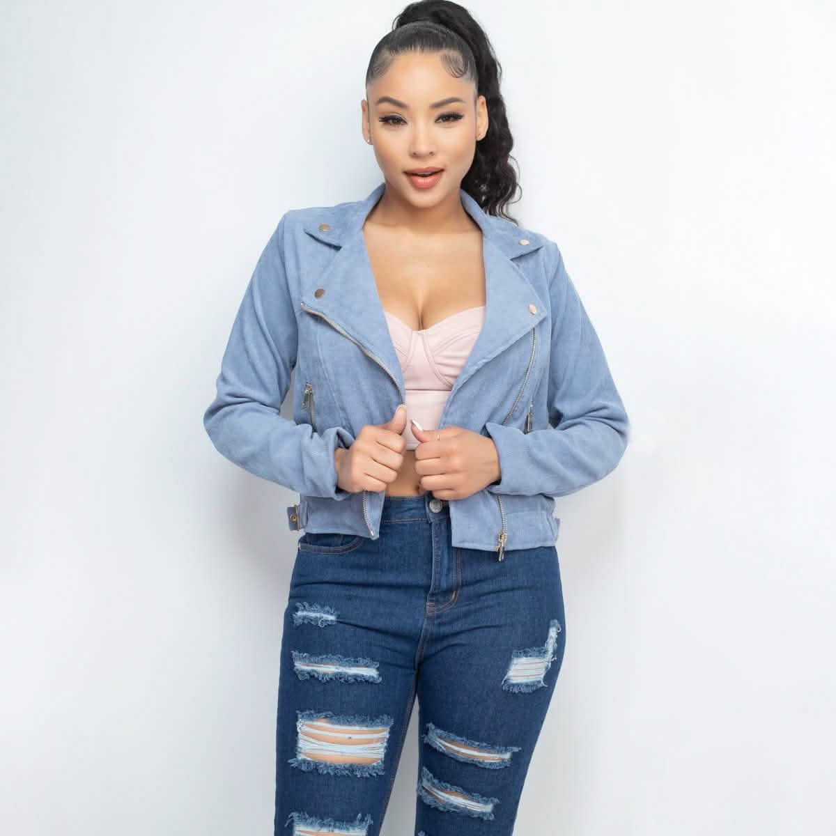 Corduroy Zipper Moto Jacket