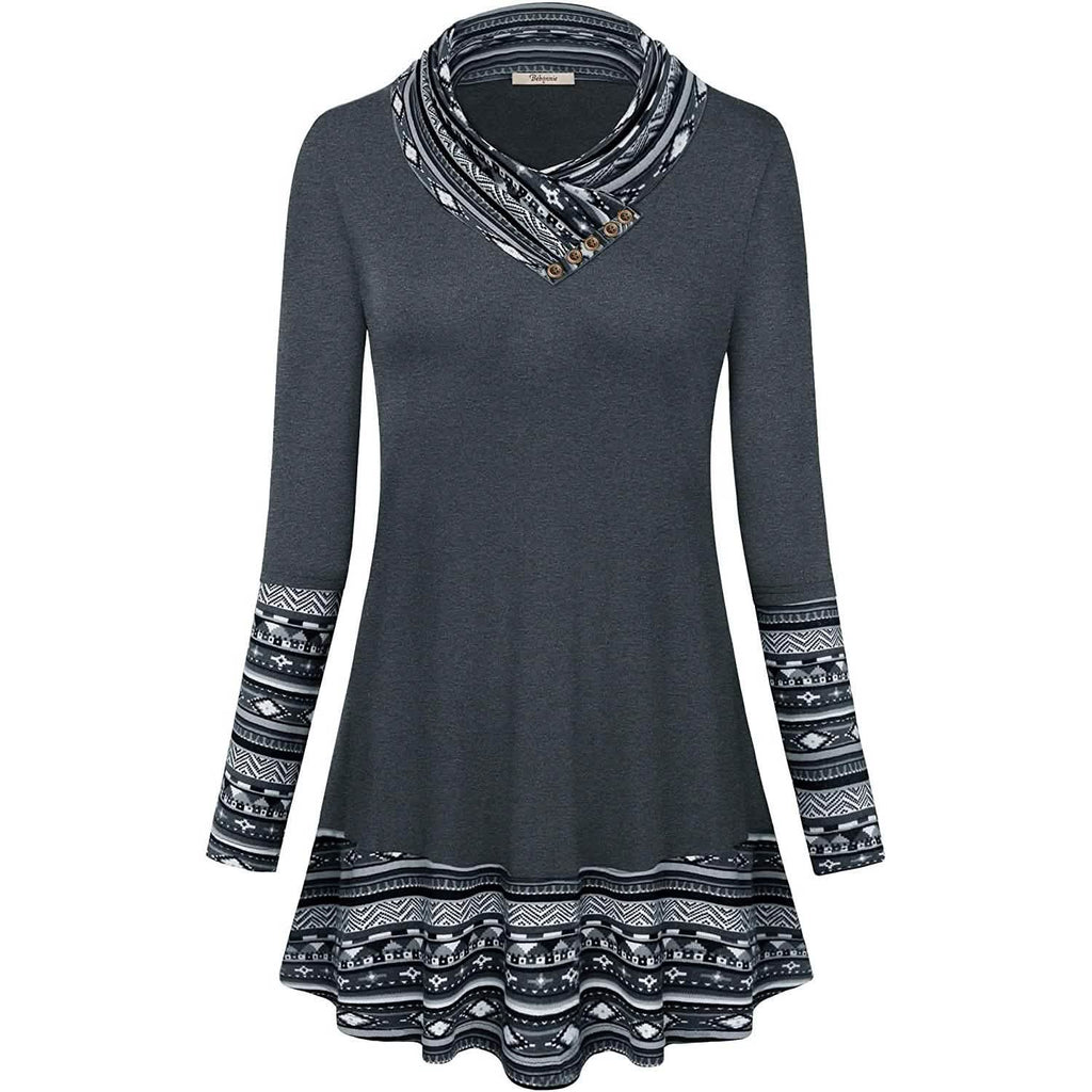 Cowl Neck Long Sleeve Patchwork Top