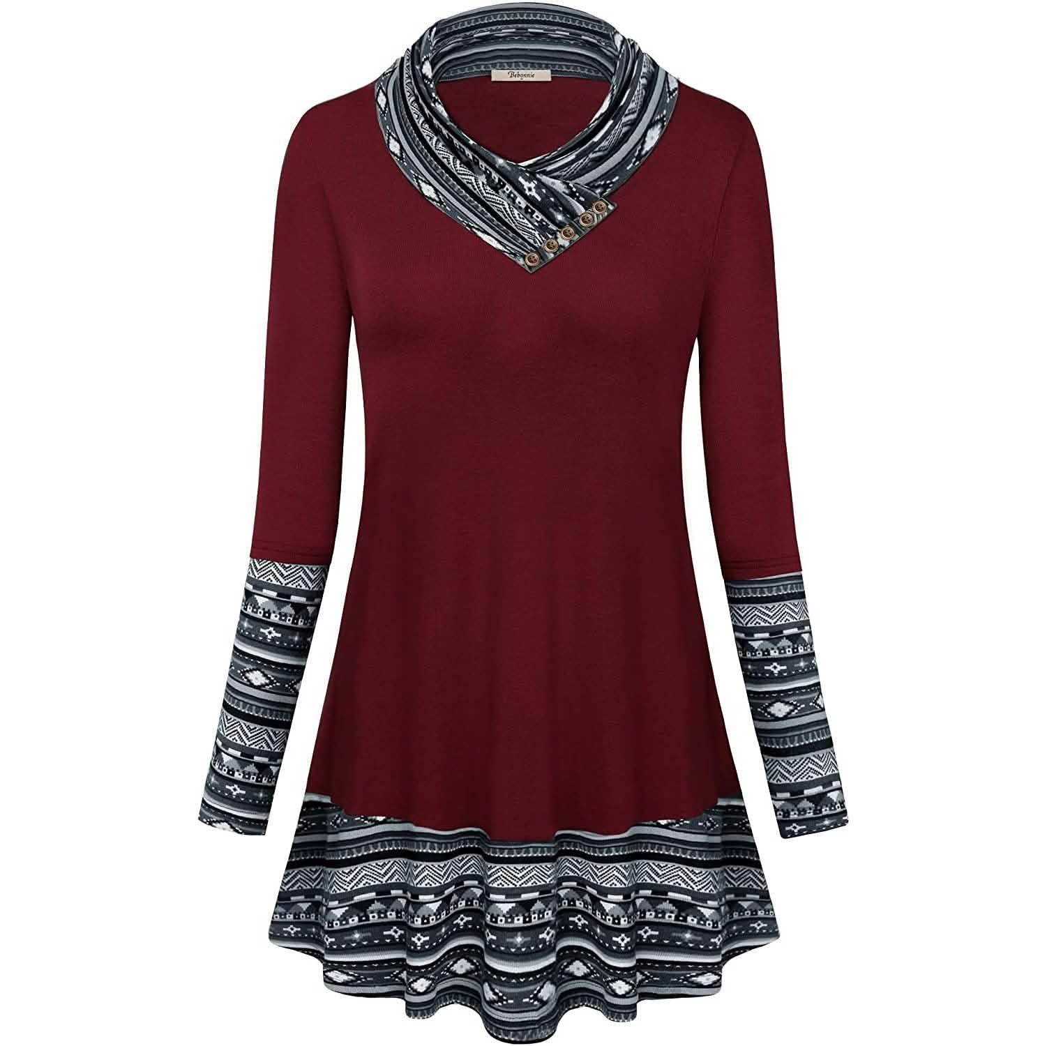 Cowl Neck Long Sleeve Patchwork Top