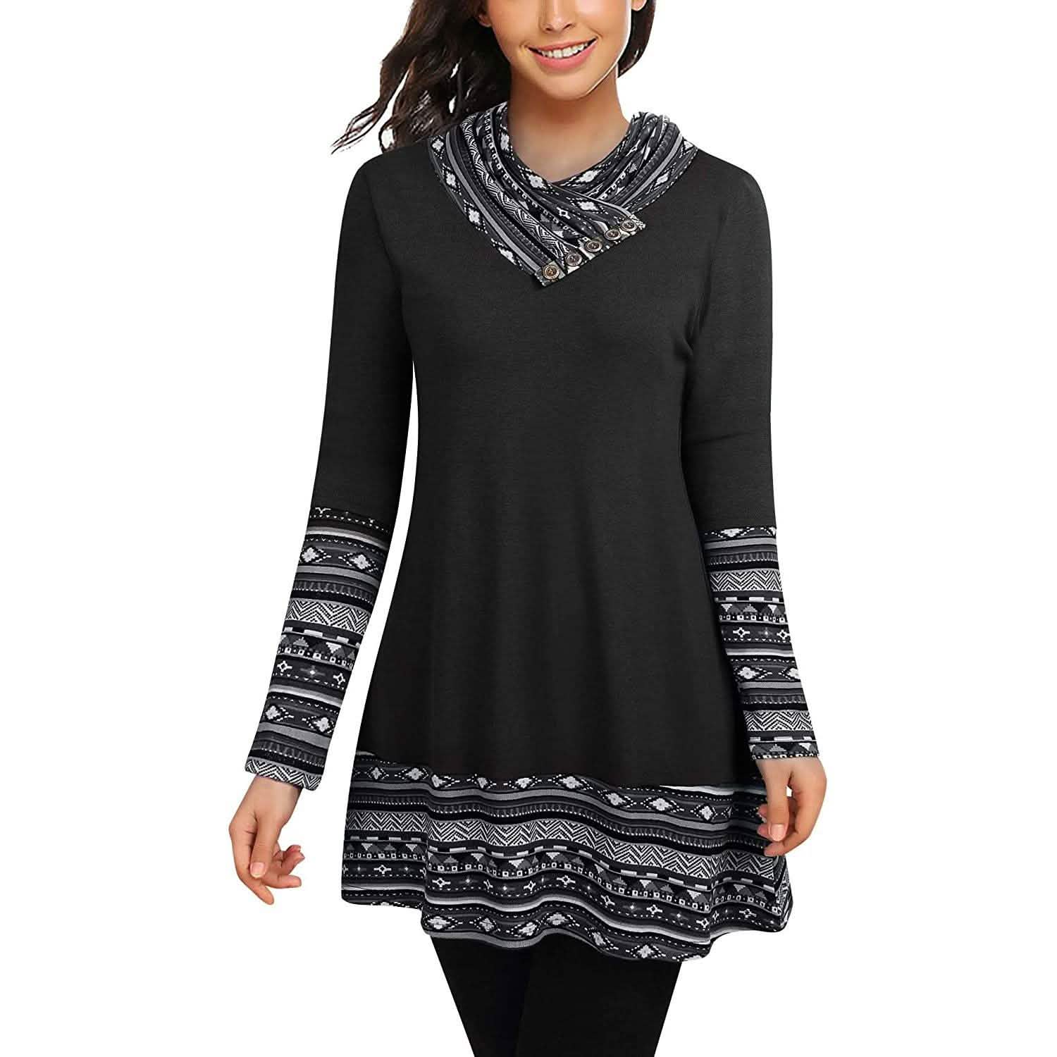 Cowl Neck Long Sleeve Patchwork Top