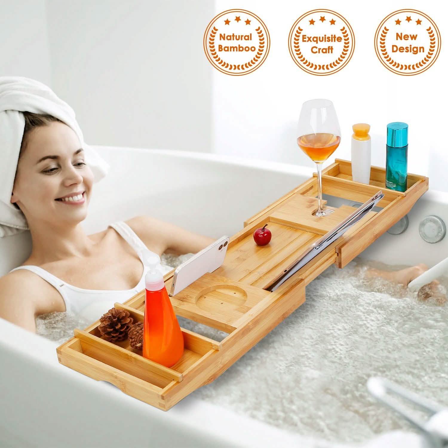 Crafted Bamboo Bath Tray Table Extendable Reading Rack