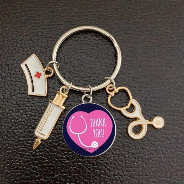 Creative Doctor Keychain Unique Personality Syringe Stethoscope Pendant Keychain Cartoon Colorful Handbag Pendant Keychain Doctor Injection Stethoscope Picture Keychain Round Dome Pendant Women Alloy Keychain
