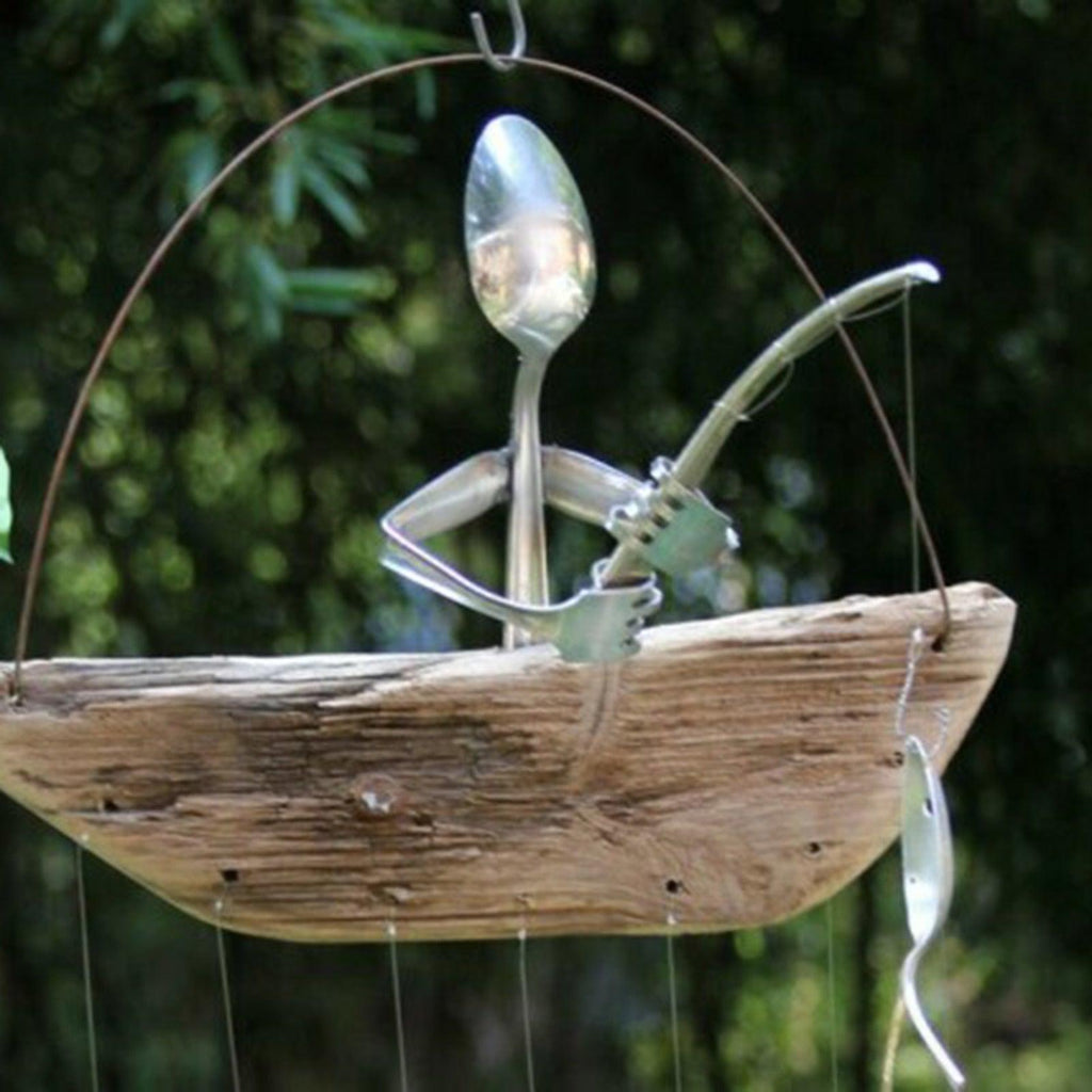 Creative Fishing Man Spoon Fish Sculptures Wind Chime Home Bedroom Painted Fish Mobile Tropical Fish Home Decor  Yard Garden Hanging Ornament Decoration