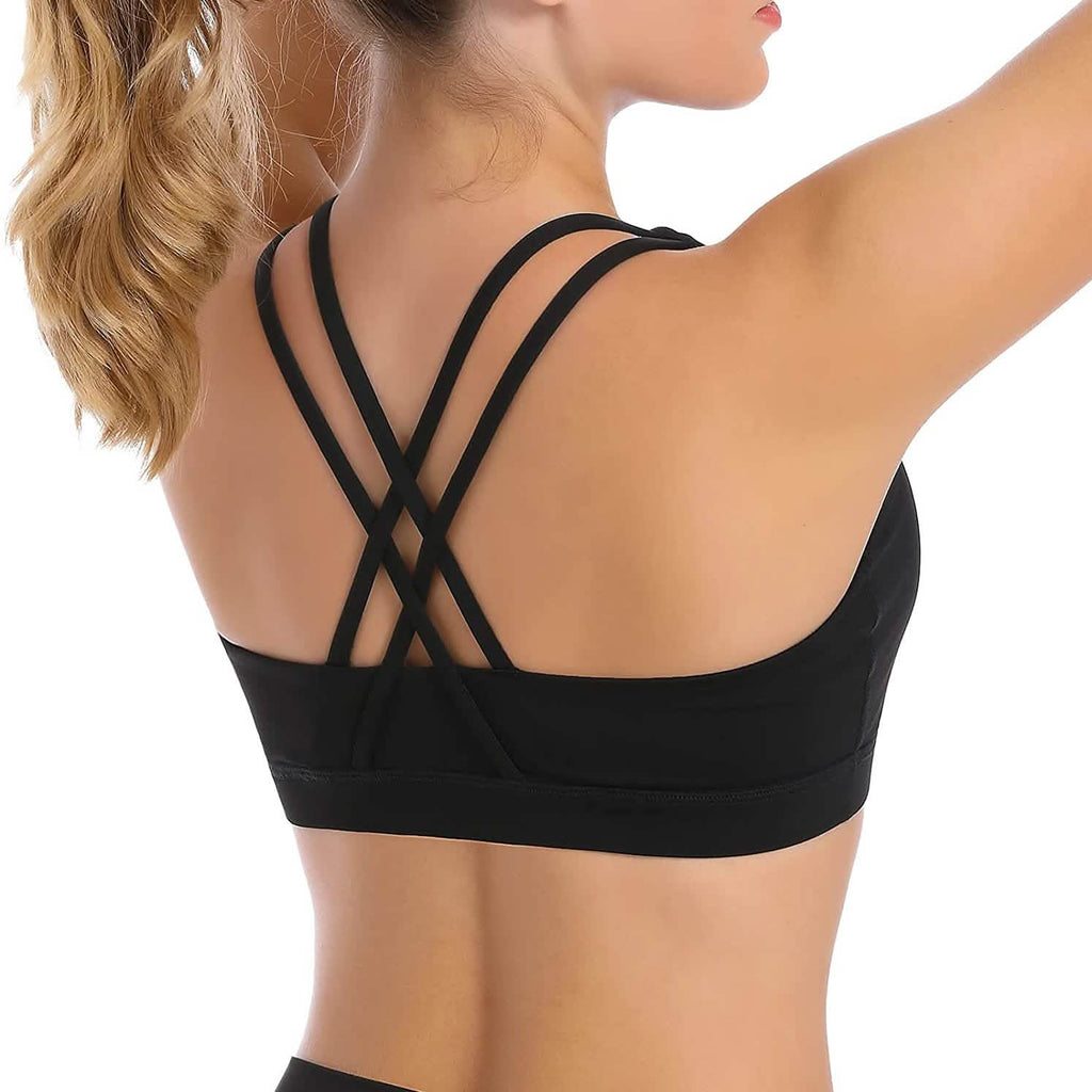 Criss-Cross Back Padded Strappy Sports Bras Medium Support Yoga Bra with Removable Cups