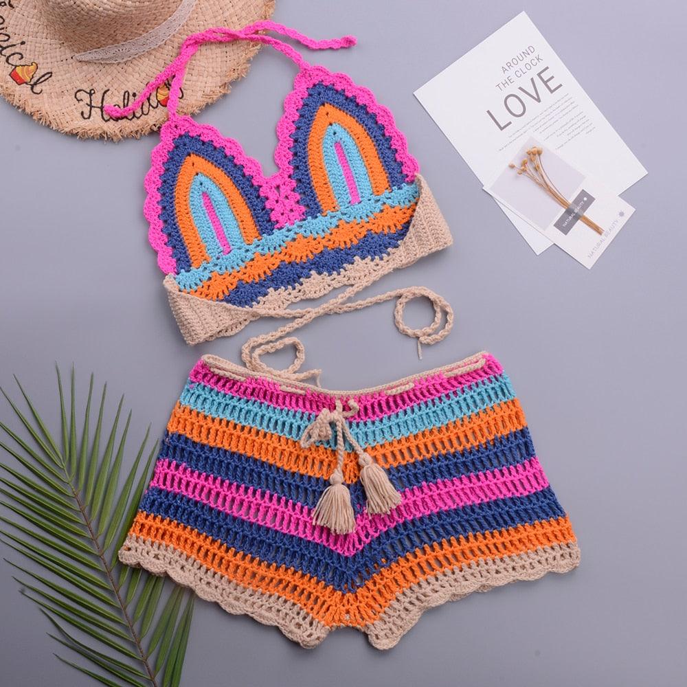 Crochet Bikini Sets Multi Color Knitted Rainbow Striped Off Shoulder Top Bottom Bikini Women's Crochet Striped Lace Up  Shorts Bikini Set 2 PCS Knit Bathing Suit Swimsuit Beachwear Bathing Suit Women Swimsuit