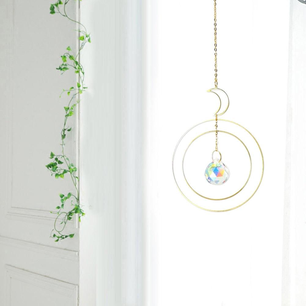Crystal Ball Star Moon Sun Ring Rainbow Catcher Crystal Pendant Hanging Crystal Sun catcher Ornament Prism Stone Beads Ornament Home Window Wind-chimes Car Decoration