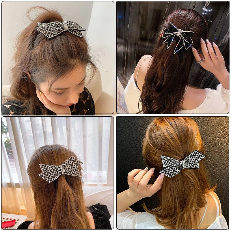 Crystal Big Bow Barrettes Hair Clips For Women Ponytail Holder Girls Hair Accessories Rhinestone Hairpins Fashion Hairgrips Band Accessories For Party