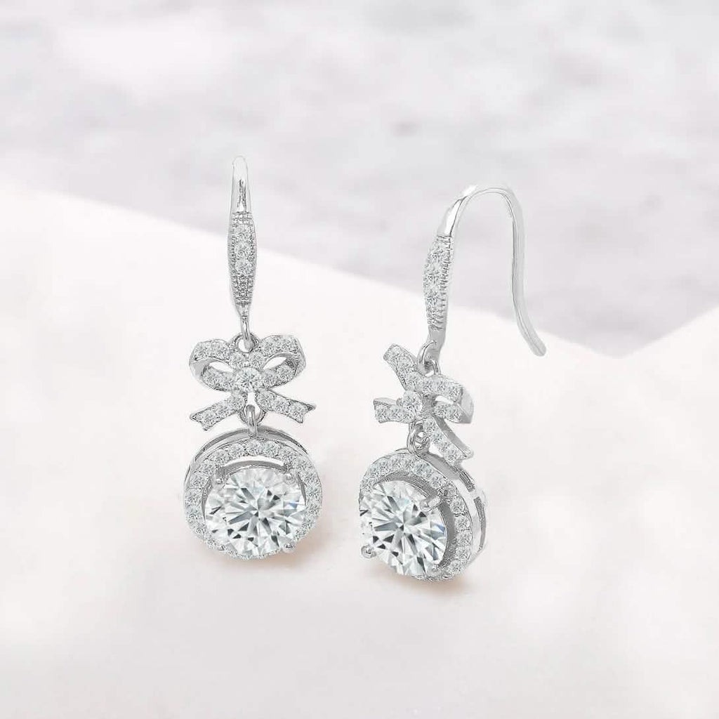 Crystal Bow and Halo Drop Earrings in 18K White Gold