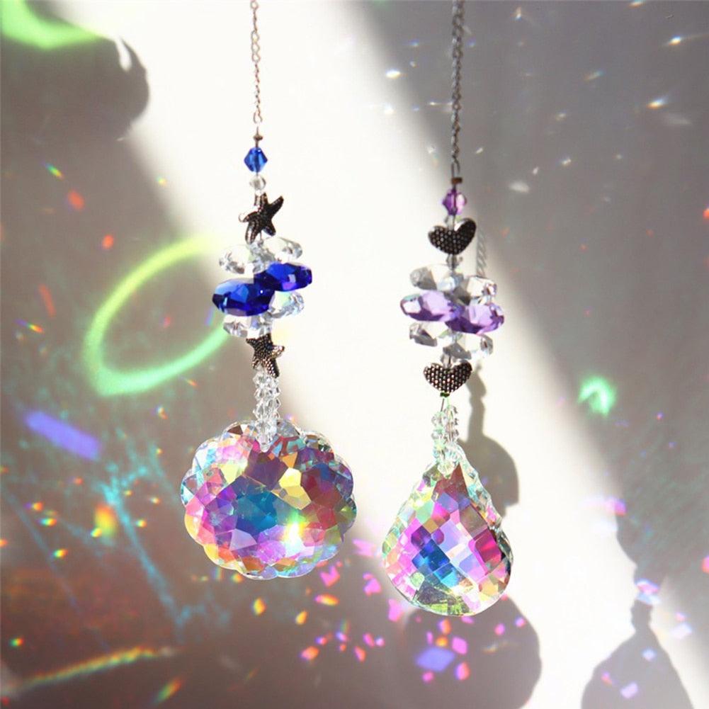 Crystal Wind Star Moon Pendant Handmade Sun Catcher Light Catcher Newly Designed Prism Crystal Colorful Light Prism Chandelier Glass Crystal Pendant Pearl Yarn Gift Handmade Garden Window Wedding Curtain Chandelier