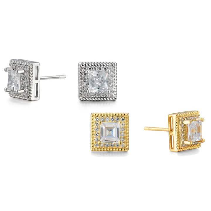 Cubic Zirconia Princess Cable Halo Stud Earrings