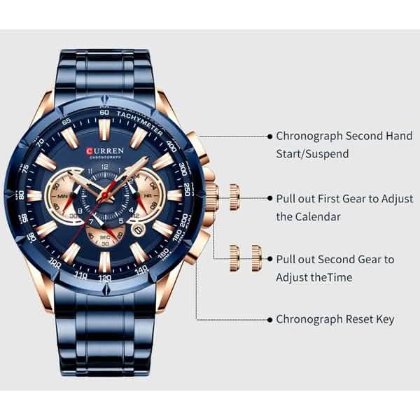 CURREN Men's Multifunctional Chronograph Calendar Quartz Waterproof Full Steel Watch