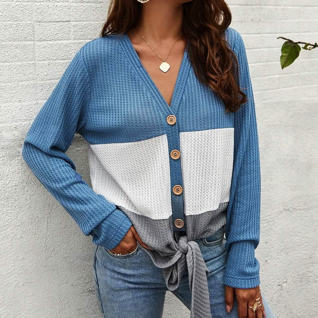 Cut And Sew Panel Knot Hem Waffle Knit Tee