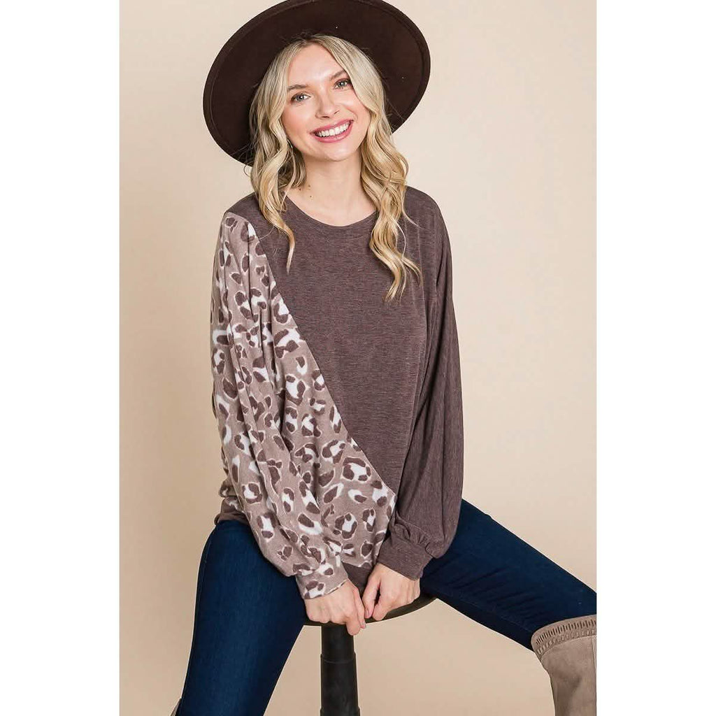 Cute Animal French Terry Brush Contrast Print Pullover with Cuff Detail