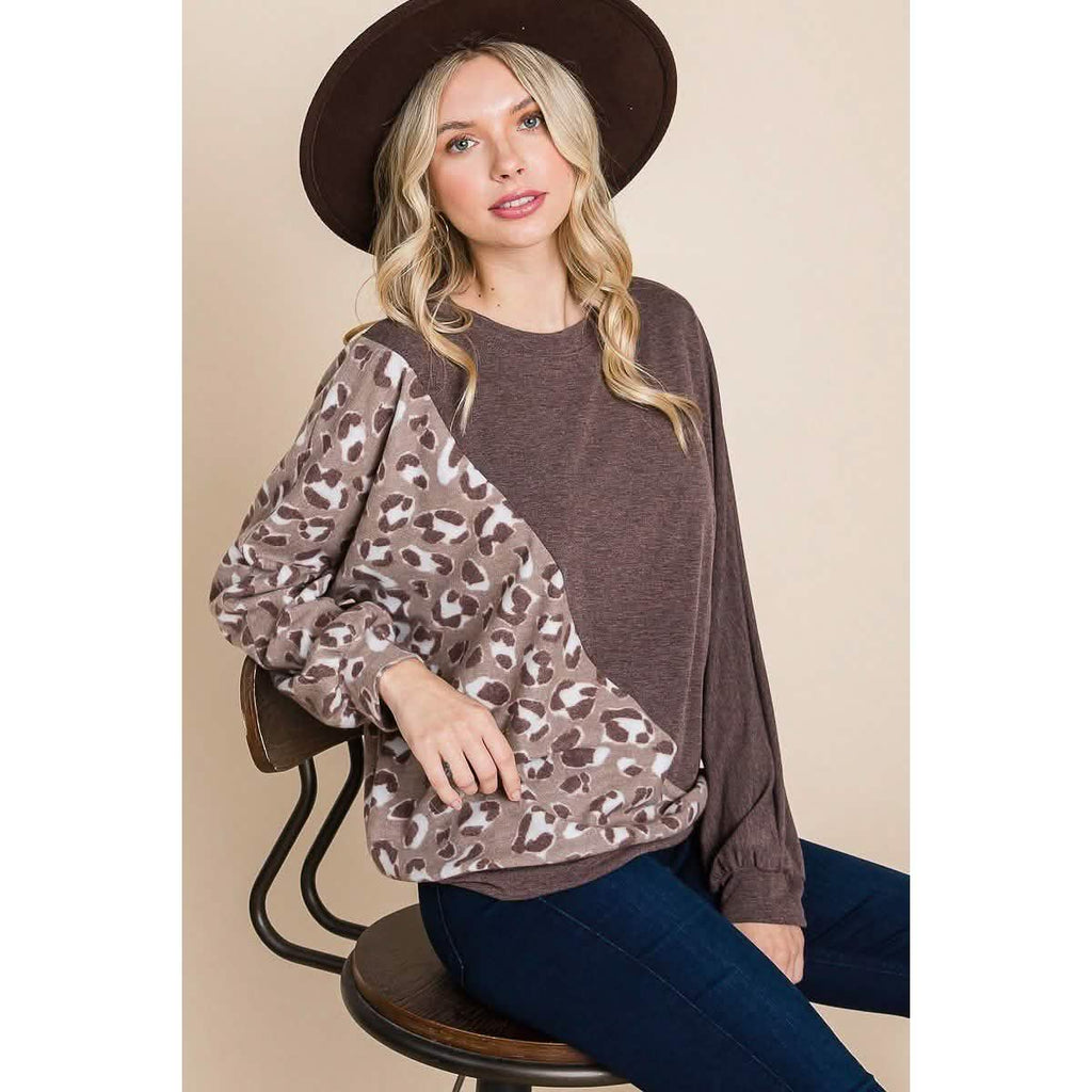 Cute Animal French Terry Brush Contrast Print Pullover with Cuff Detail