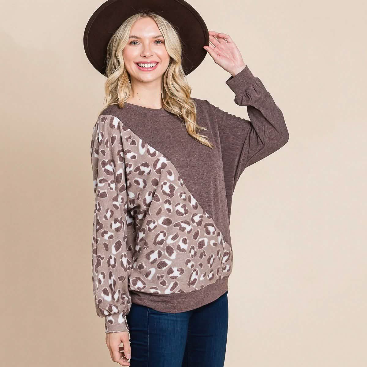 Cute Animal French Terry Brush Contrast Print Pullover with Cuff Detail