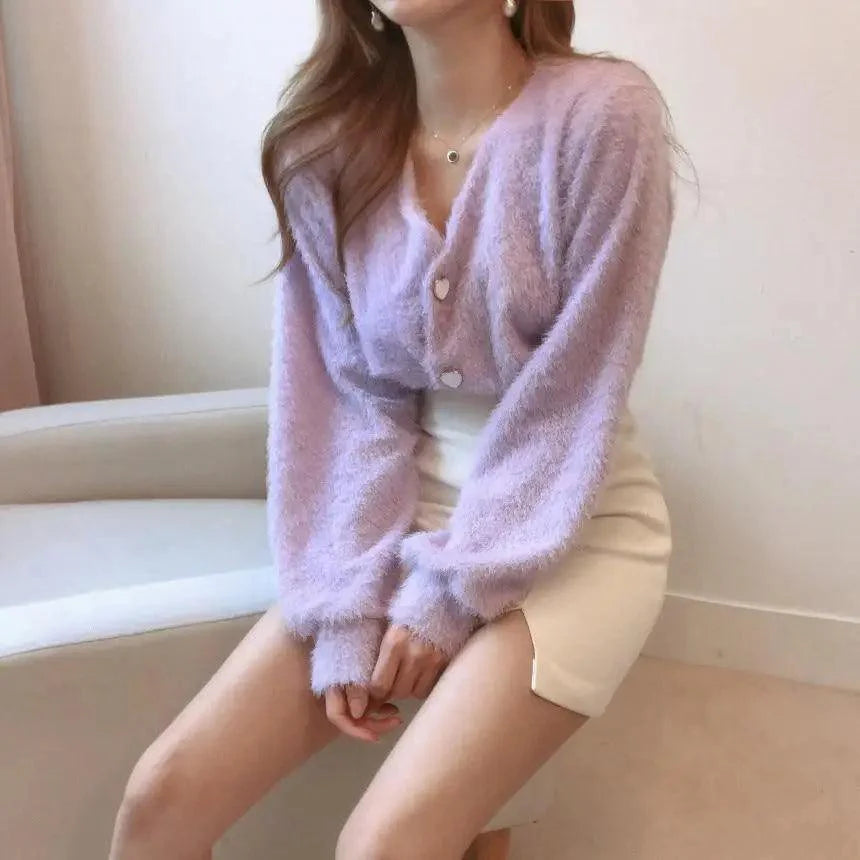 Cute Kitty Chic Fashionable V-Neck Single Breasted Mink Short Knitted Sweaters Outerwear For Women Autumn Long Sleeve Sweater Coat