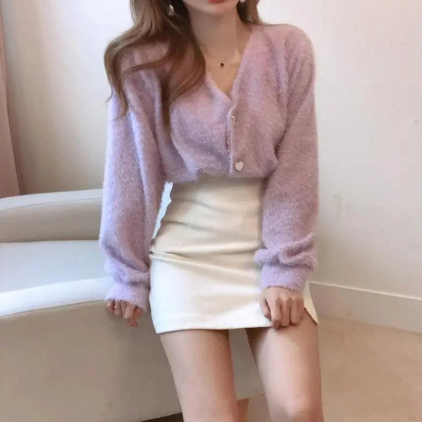 Cute Kitty Chic Fashionable V-Neck Single Breasted Mink Short Knitted Sweaters Outerwear For Women Autumn Long Sleeve Sweater Coat