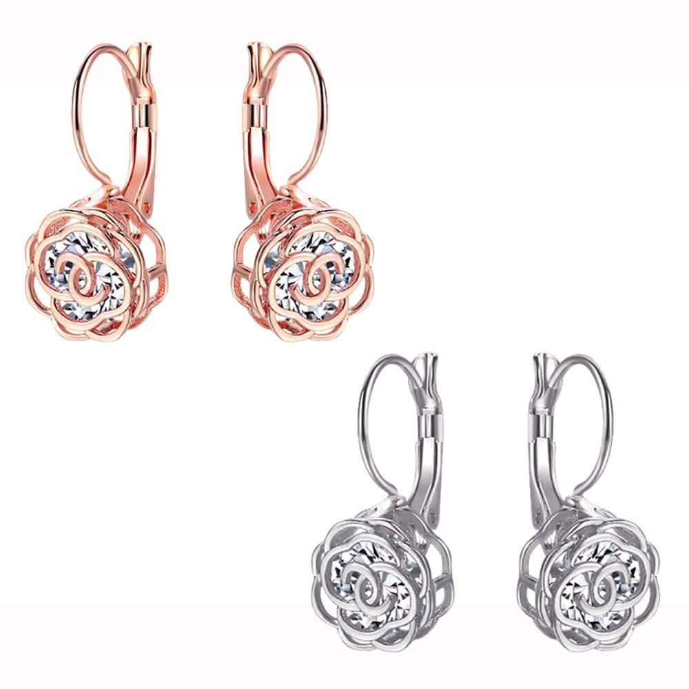 Cystal Leverback Floral Earrings In Gold