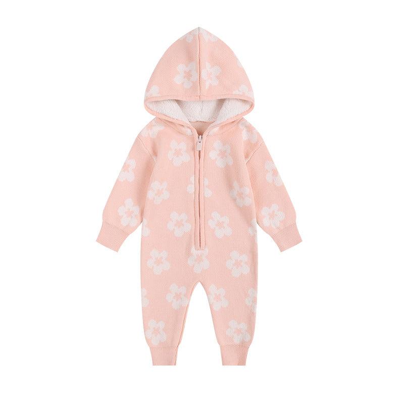 Baby Thickened Knitted Floral Zip-Up Hooded Onesie