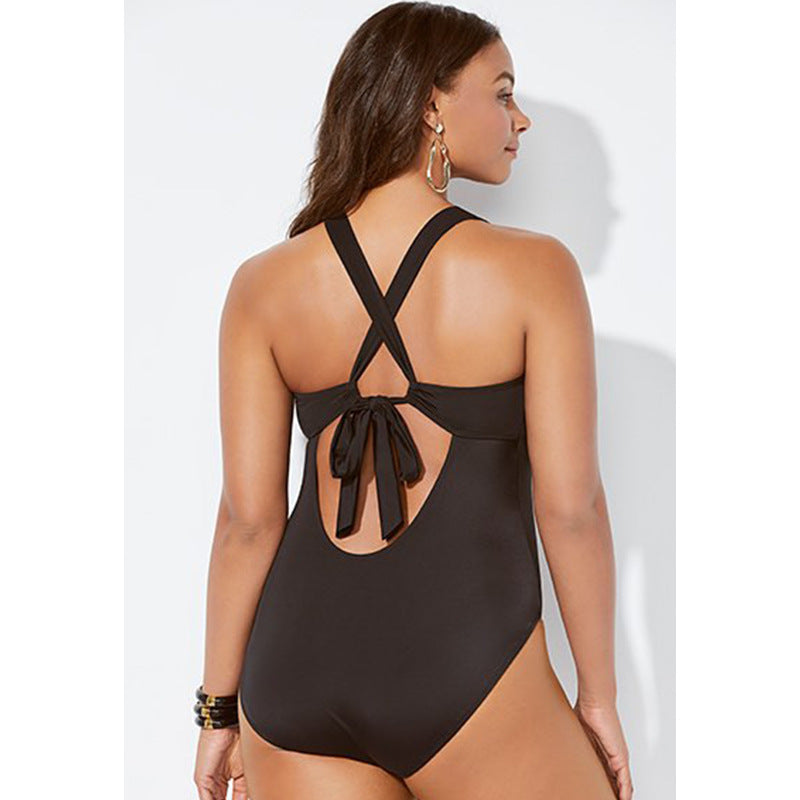 Plus Size Women's  V-Neck Solid Color One Piece Swimsuit