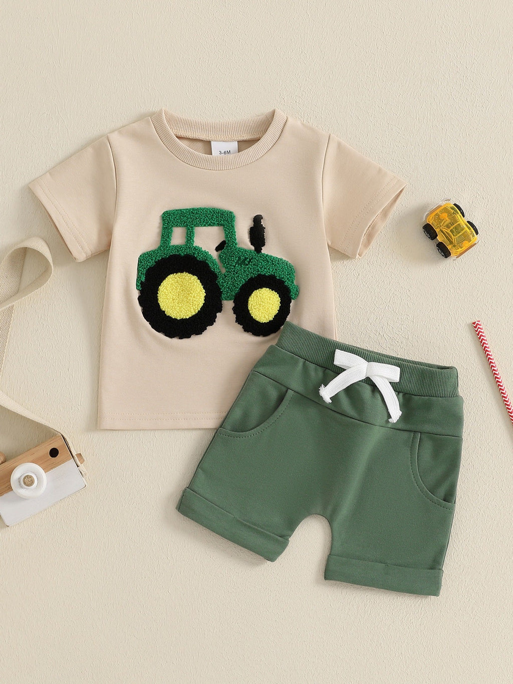Toddler Boys Summer Outfits Truck Embroidered Round Neck