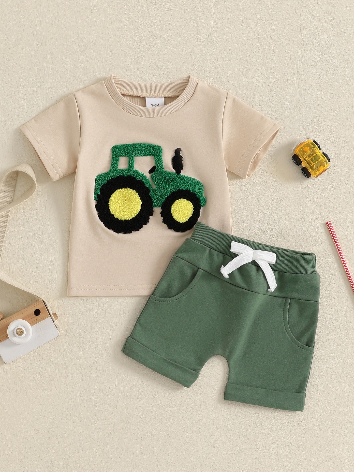 Toddler Boys Summer Outfits Truck Embroidered Round Neck