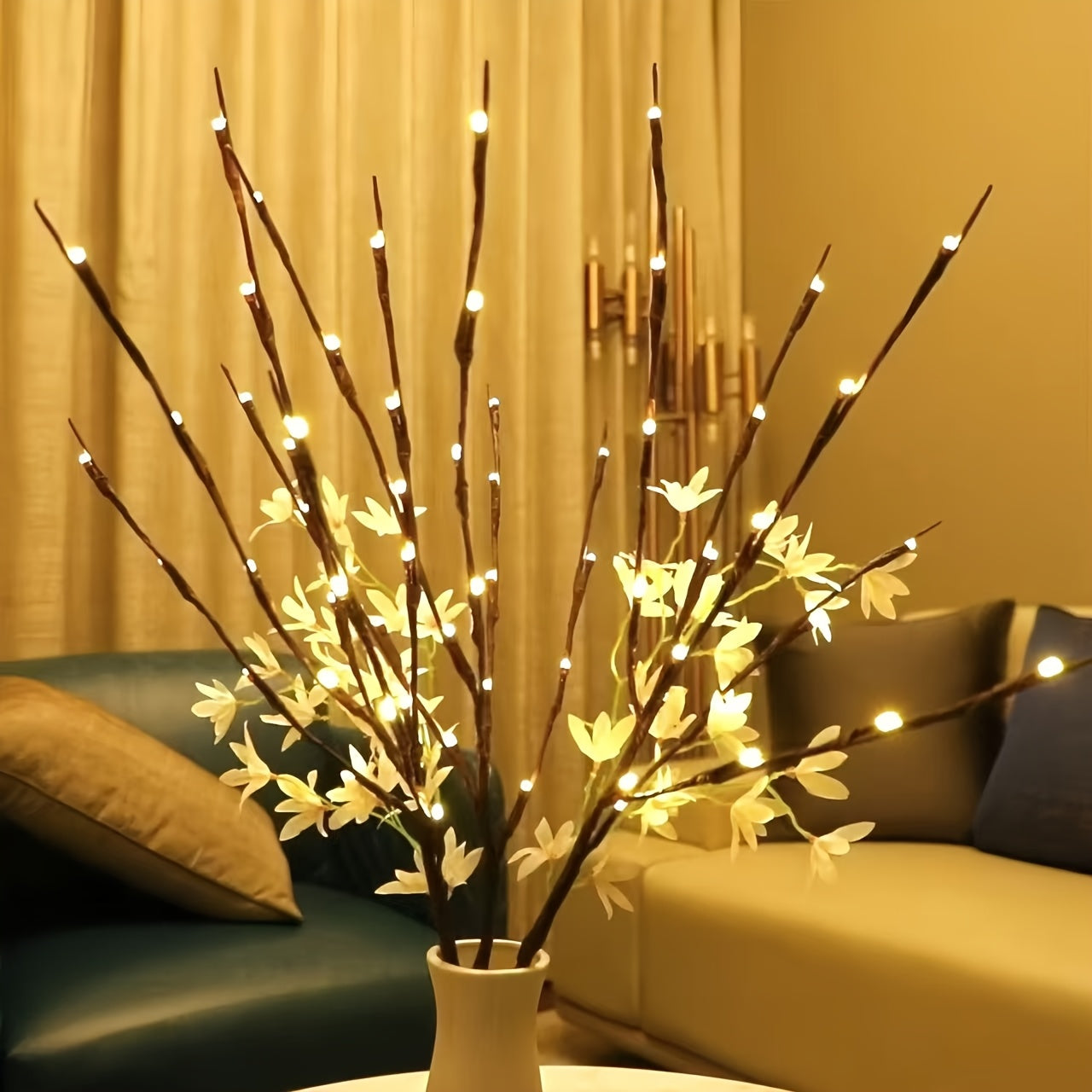 2pcs Set of Artificial Tree Branch LED Lights - Battery-Powered, 20 Leds Per Vase, Vase-Filled Decorative Lights for Home, Romantic Bedside Lamp, Christmas, Halloween, Thanksgiving, Hanukkah, Wedding, Valentine'S Day, Metal &