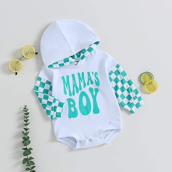 Letter-printed Plaid Patchwork Long-sleeve Hooded Romper