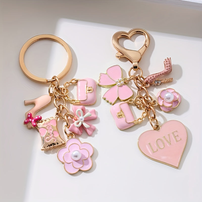 A Cute And Compact Pink Bag with a Heart-Shaped Oil Drop Keychain, Perfect As a Mini Decorative Accessory Or Gift for Cosmetics