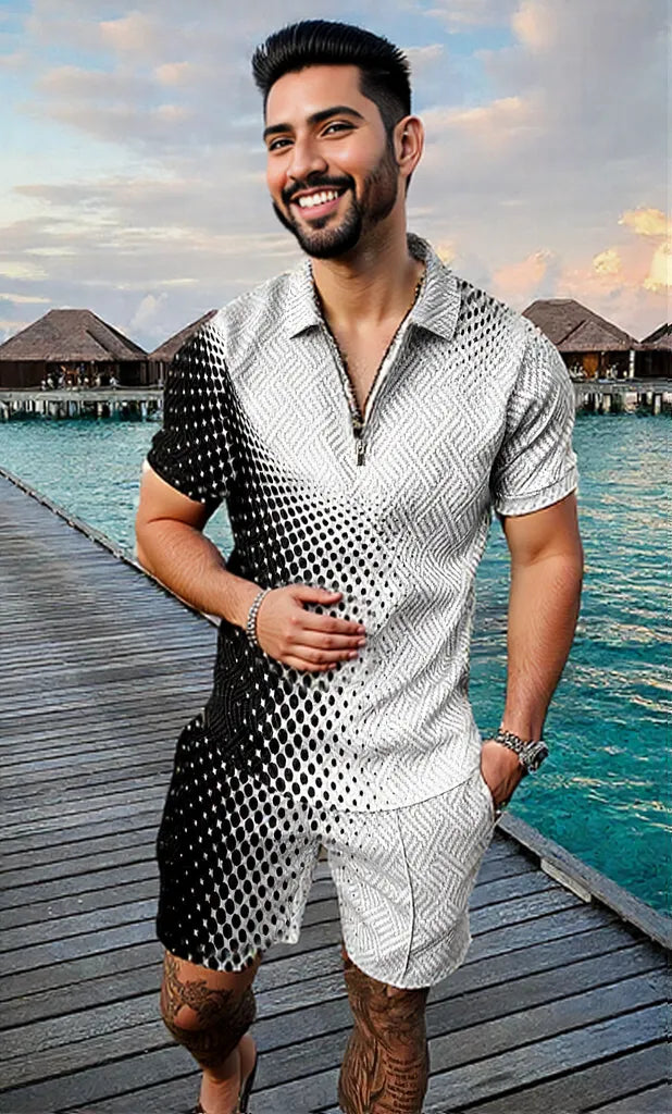 Men's Summer Fashion 3D Printed Short Sleeve Geometric Zip Lapel Shirt Set