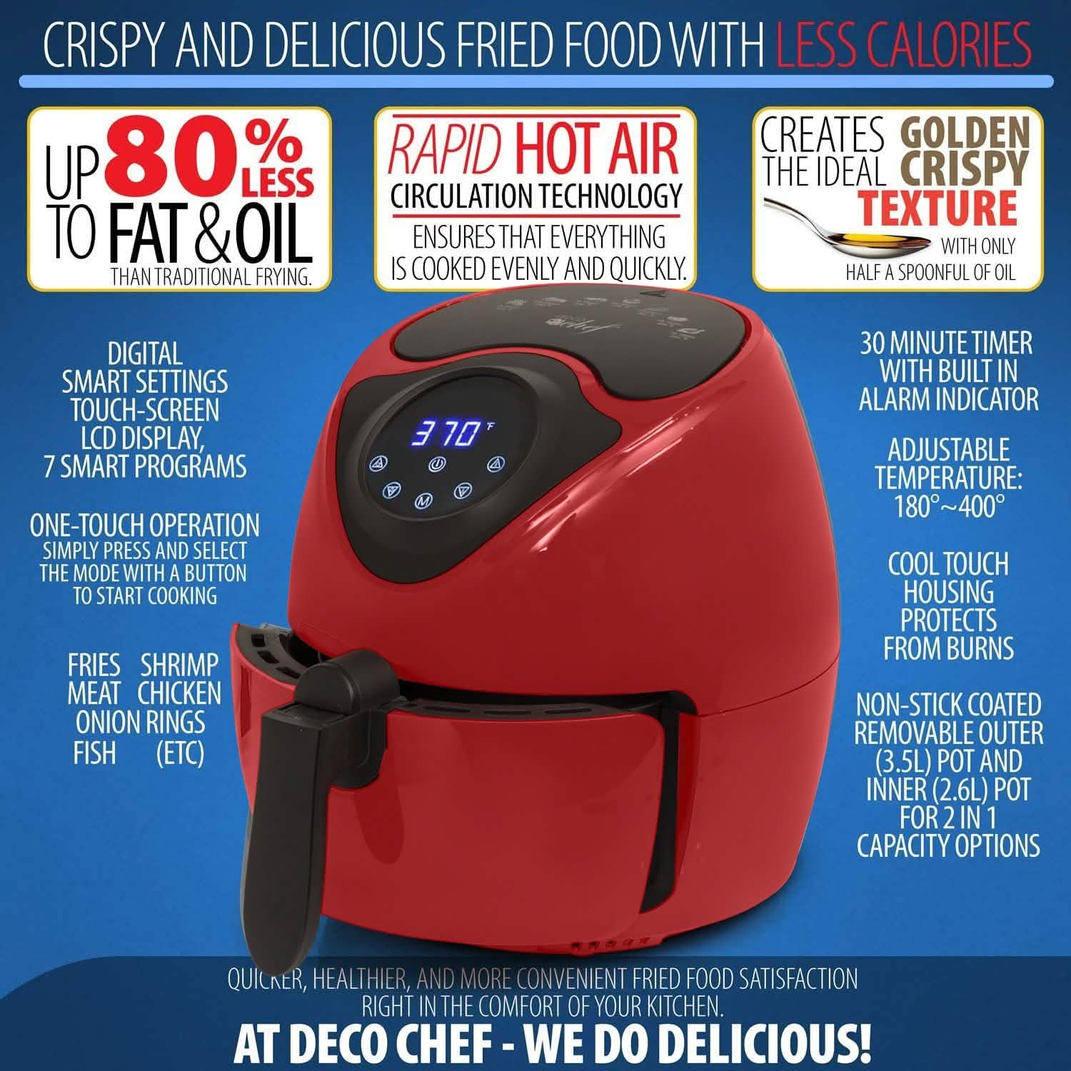 Deco Chef 3.7QT Electric Oil-Free Digital Air Fryer for Healthy Frying