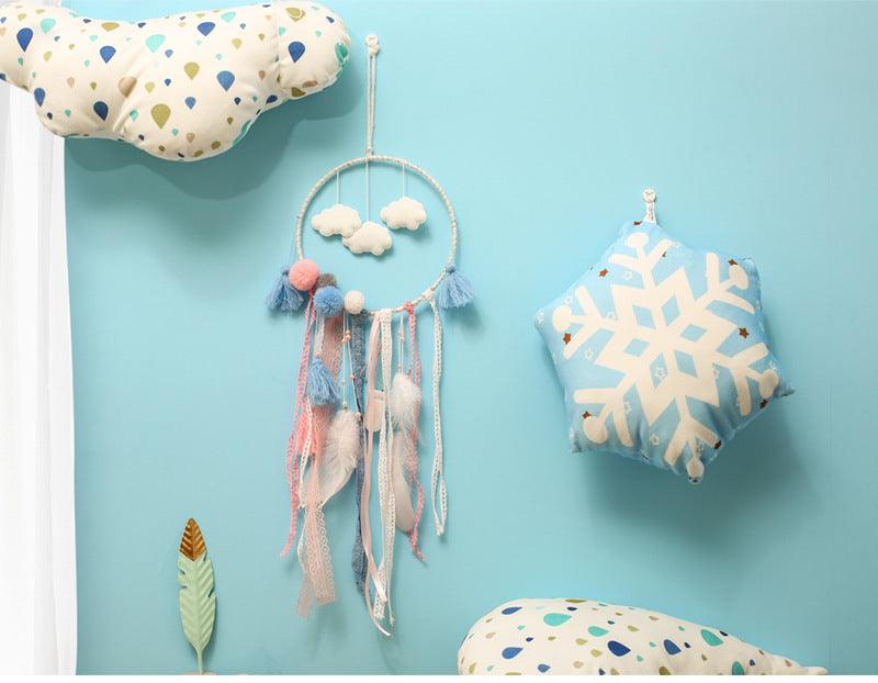 Decoration Home Dream Catchers Hanging Wall Decor Art Pendant Handmade Traditional White Cloud Dream Catcher With Led String Lights Wall Hanging Kids Room Decor Nursery Wall Art Ornament Decor Craft Gift Cute Wind Chimes National Feather Kids Girls