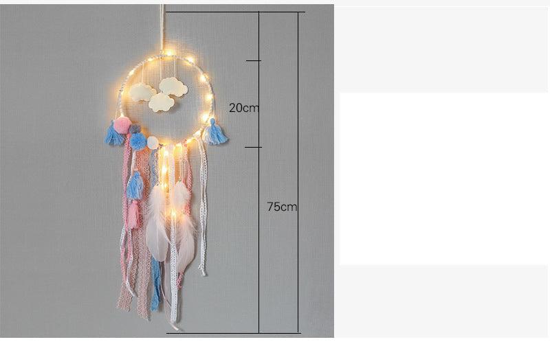Decoration Home Dream Catchers Hanging Wall Decor Art Pendant Handmade Traditional White Cloud Dream Catcher With Led String Lights Wall Hanging Kids Room Decor Nursery Wall Art Ornament Decor Craft Gift Cute Wind Chimes National Feather Kids Girls